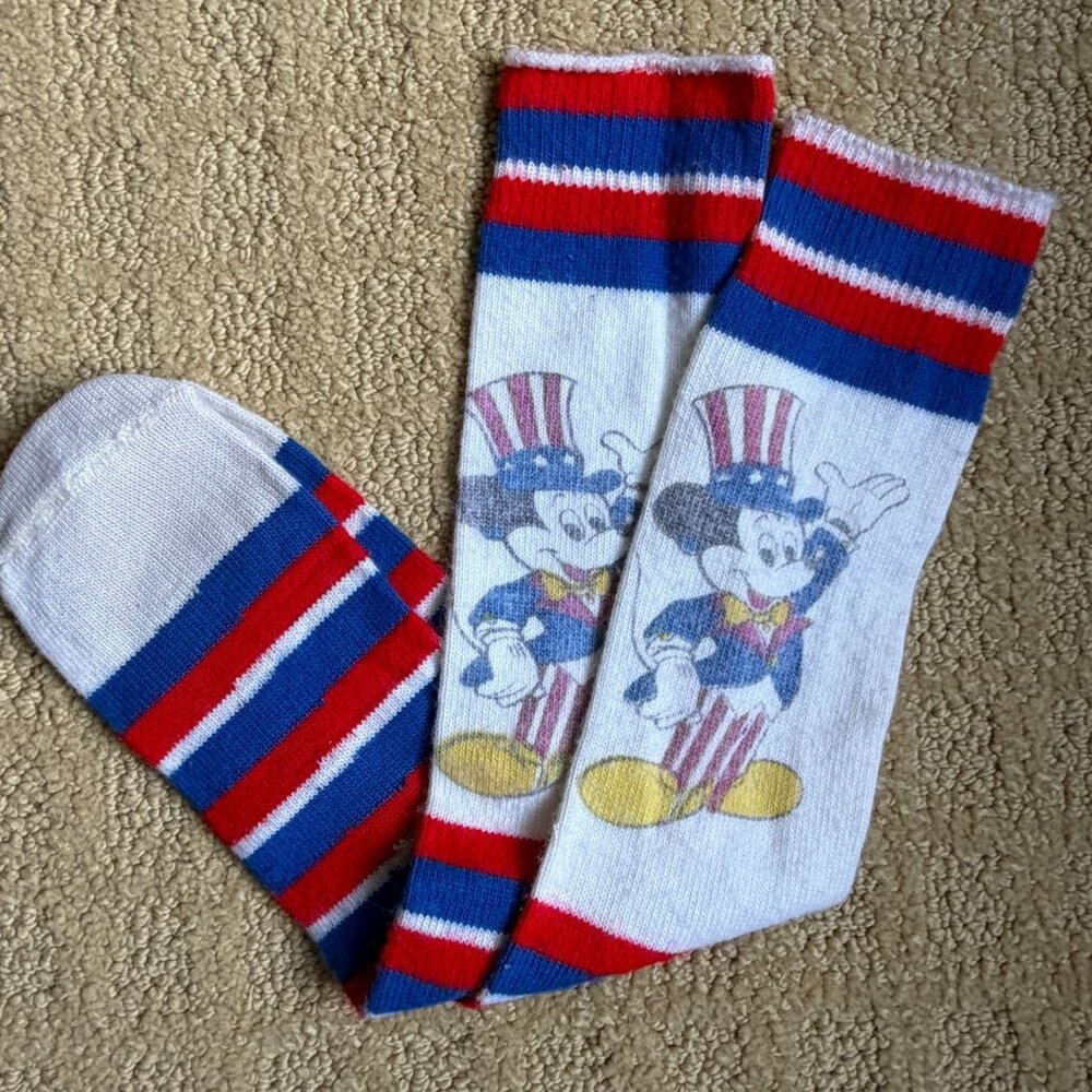 Vintage 70s Mickey Mouse USA Patriotic Tube Socks Red White Blue Disney Adult